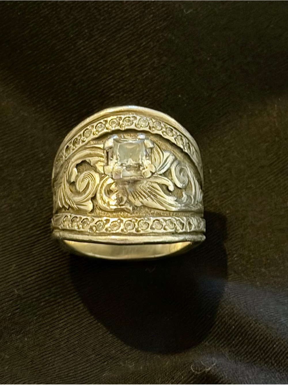 HYO WESTERN Sterling Floral Filigree Wide Band Ring with Center Stone size 10